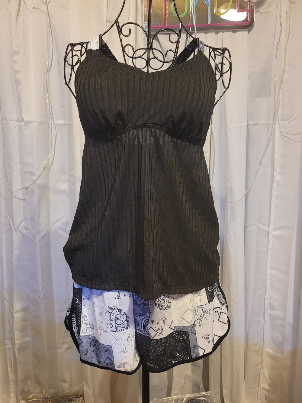 Amazon Black Ribbed Tankini Top with Printed Black & White Shorts